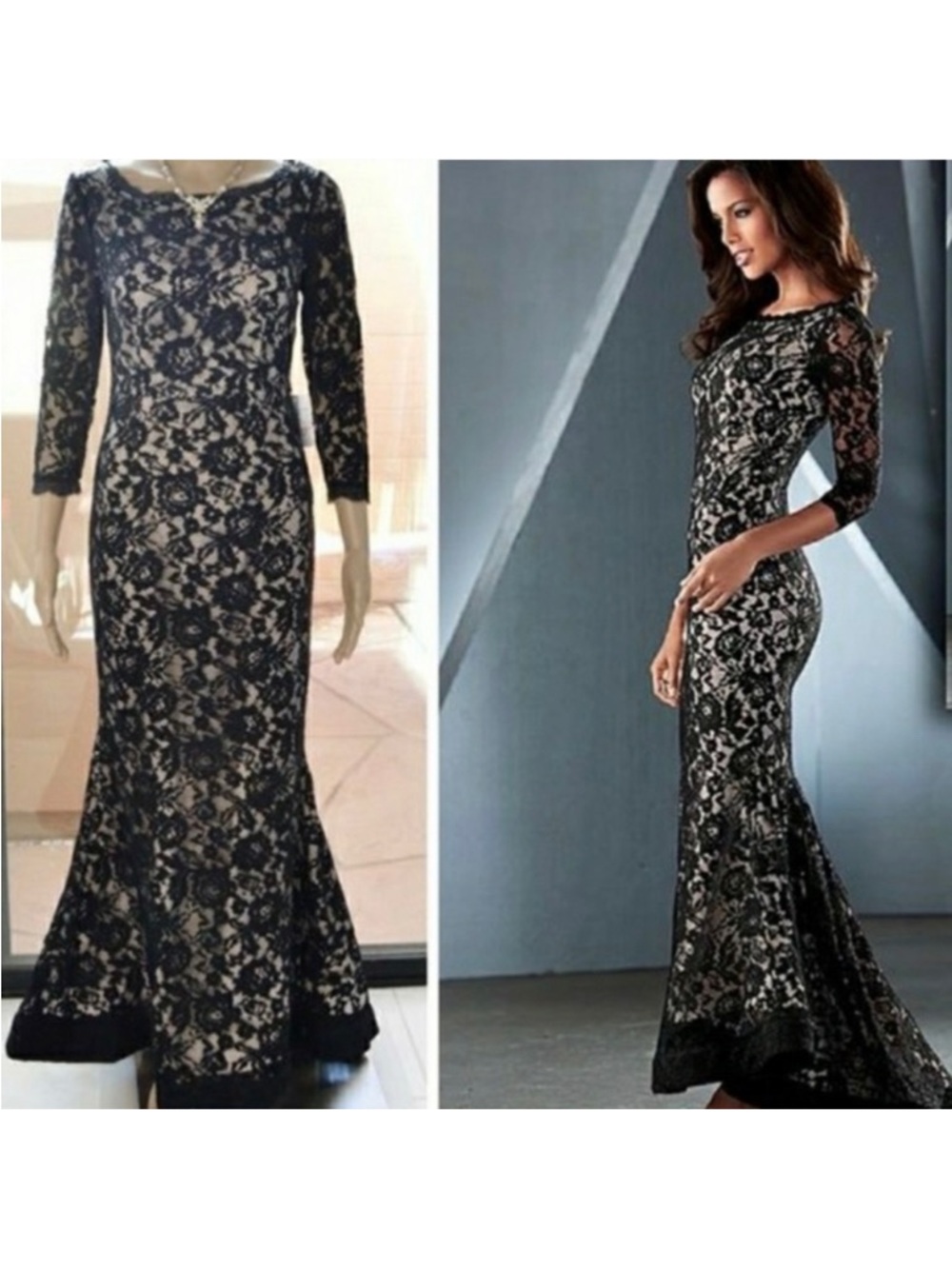 VENUS Black Lace Overlay Long Sleeve Mermaid Gown
